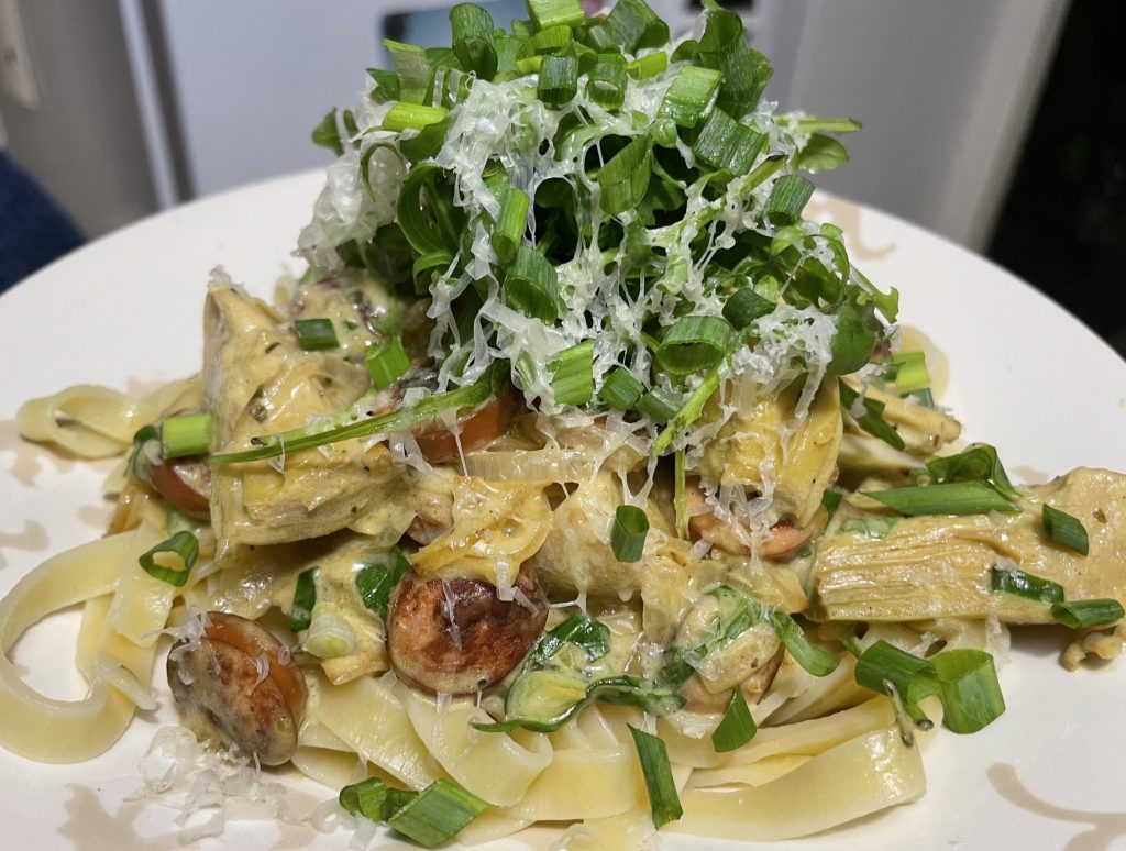 artichoke pasta with sausage cheese and rocket for joseskitchen blog